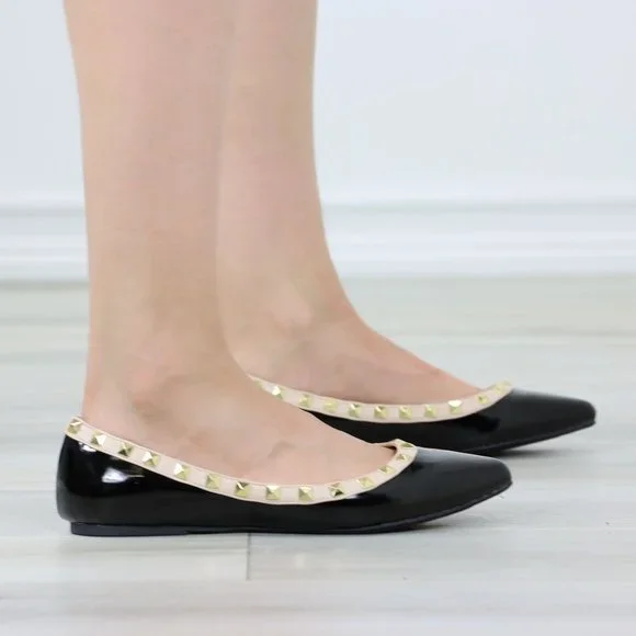 Black Patent Pointed Toe Slip On Flat Shoes Metal Gold Studs - Picture 6 of 11